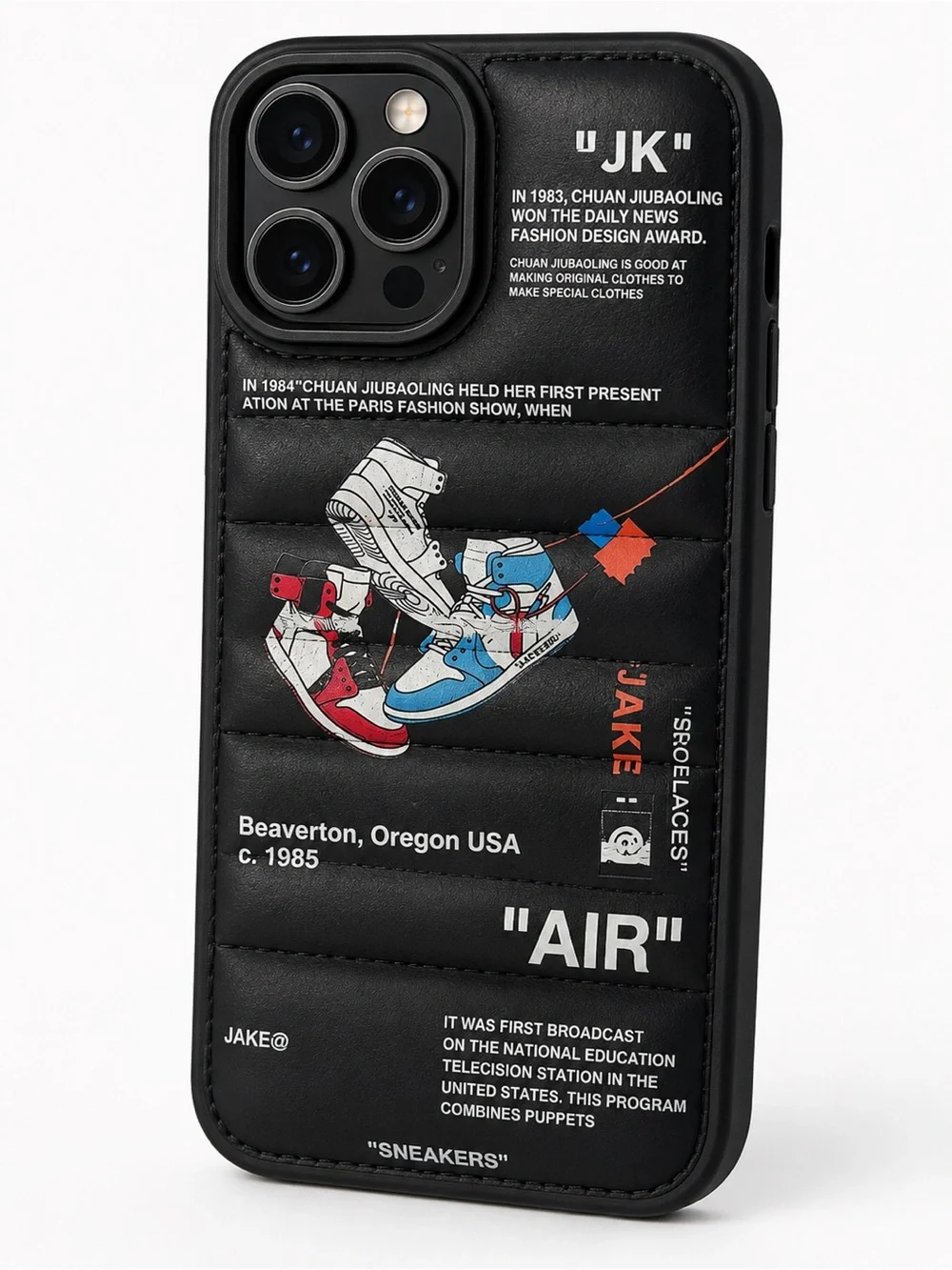 Amazon Black Quilted Phone Case with Red & Blue Sneaker Graphic